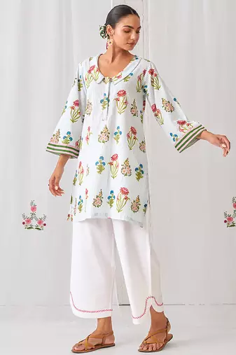 Aqua blue cotton floral printed kurta set