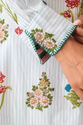 Aqua blue cotton floral printed kurta set