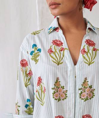 Aqua blue cotton floral printed kurta set 5