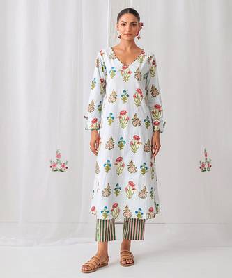 Aqua blue cotton floral printed kurta set 1