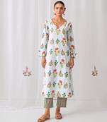 Aqua blue cotton floral printed kurta set