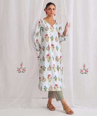 Aqua blue cotton floral printed kurta set 2