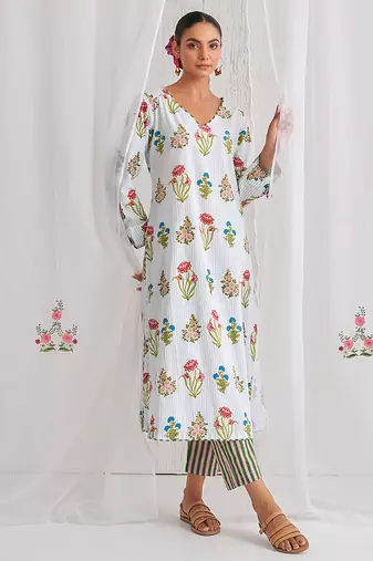 Aqua blue cotton floral printed kurta set