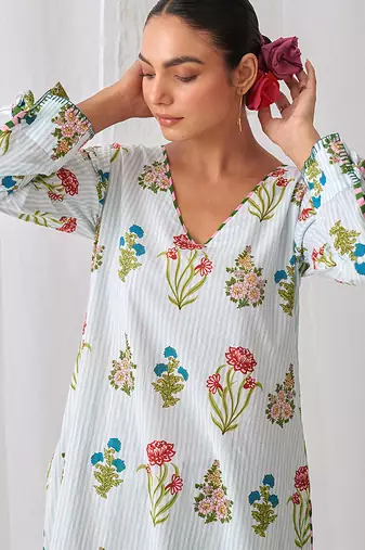 Aqua blue cotton floral printed kurta set