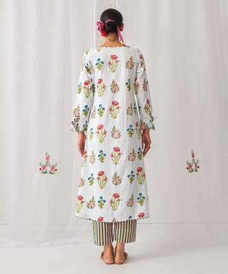 Aqua blue cotton floral printed kurta set 4