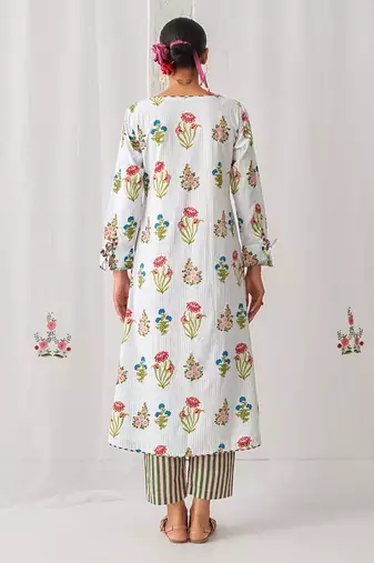 Aqua blue cotton floral printed kurta set