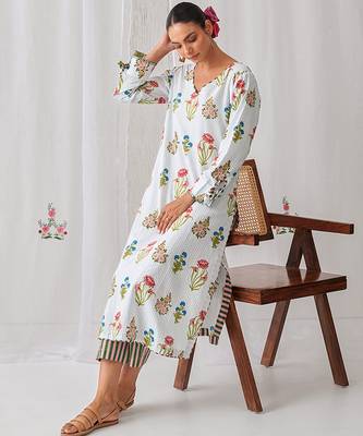 Aqua blue cotton floral printed kurta set 5
