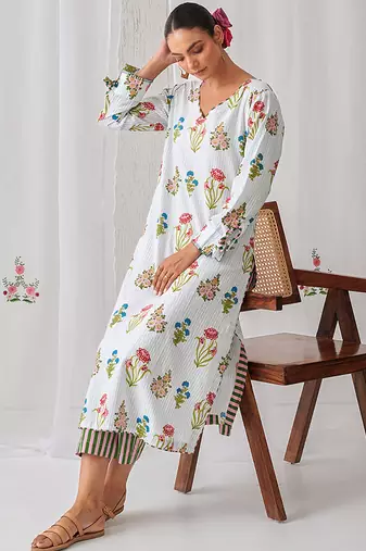 Aqua blue cotton floral printed kurta set
