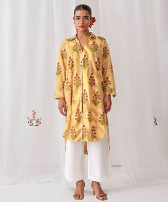 Yellow cotton floral printed kurta set 1