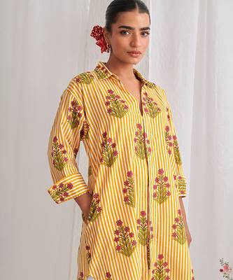 Yellow cotton floral printed kurta set 2