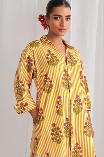 Yellow cotton floral printed kurta set
