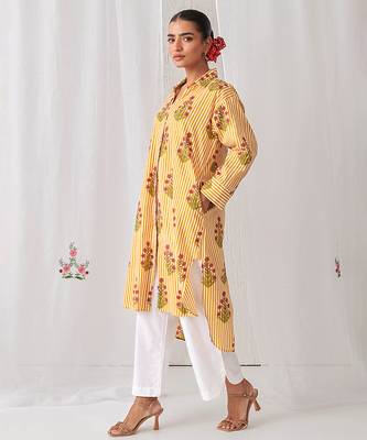 Yellow cotton floral printed kurta set 3