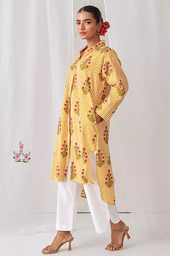 Yellow cotton floral printed kurta set