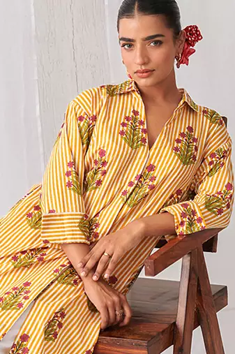 Yellow cotton floral printed kurta set