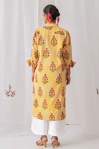 Yellow cotton floral printed kurta set