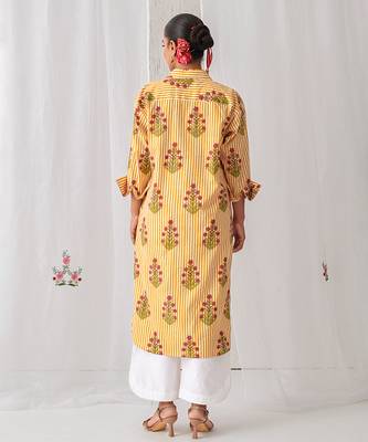 Yellow cotton floral printed kurta set 1