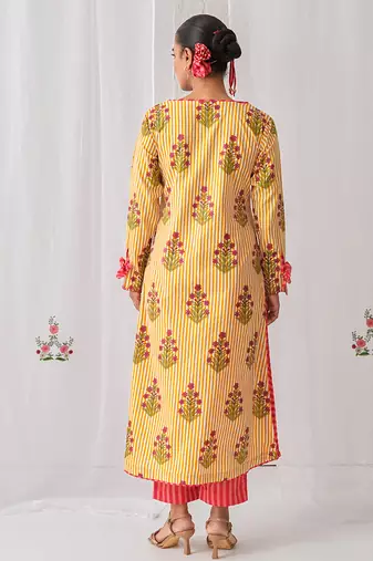 Yellow cotton floral printed kurta set