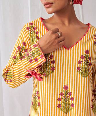 Yellow cotton floral printed kurta set 3