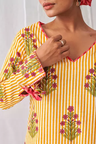 Yellow cotton floral printed kurta set