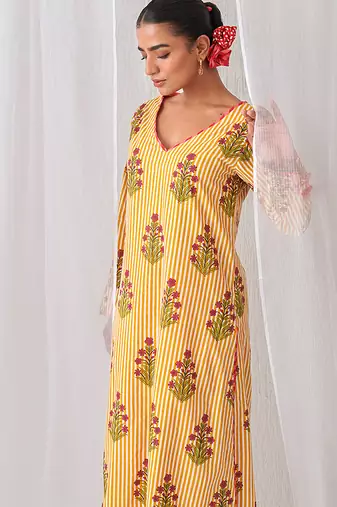 Yellow cotton floral printed kurta set