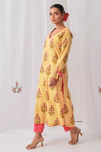 Yellow cotton floral printed kurta set