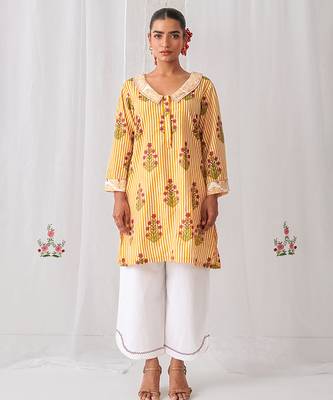 Yellow cotton floral printed kurta set 1