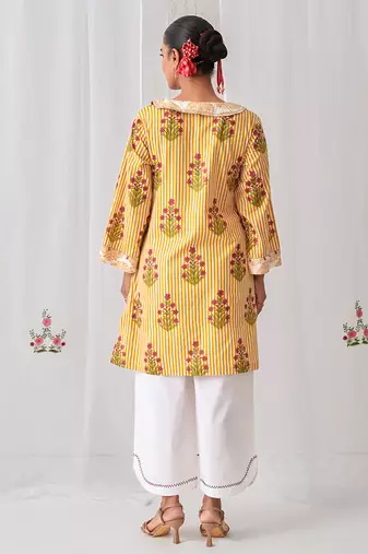 Yellow cotton floral printed kurta set