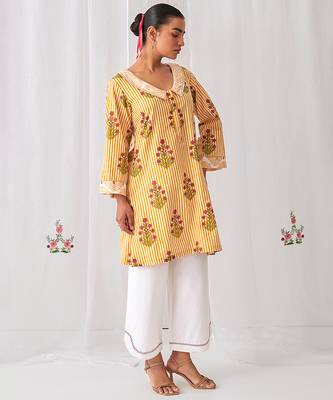 Yellow cotton floral printed kurta set 3