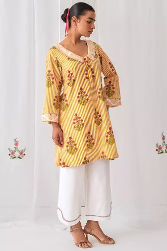 Yellow cotton floral printed kurta set