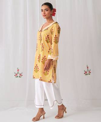 Yellow cotton floral printed kurta set 4