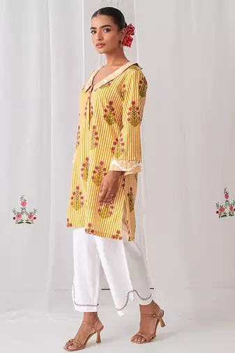 Yellow cotton floral printed kurta set