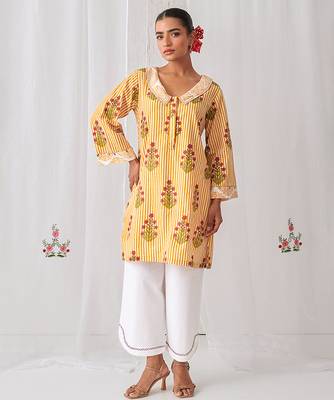 Yellow cotton floral printed kurta set 5