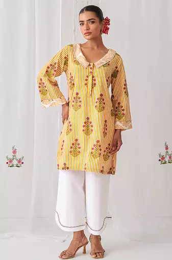 Yellow cotton floral printed kurta set