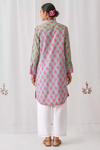 Green cotton embroidered kurta set