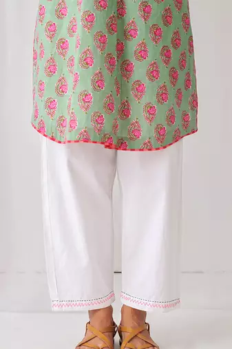 Green cotton embroidered kurta set