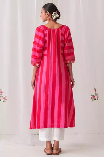 Pink cotton dot printed kurta set