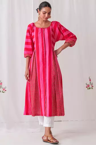 Pink cotton dot printed kurta set