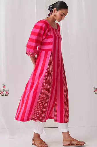 Pink cotton dot printed kurta set
