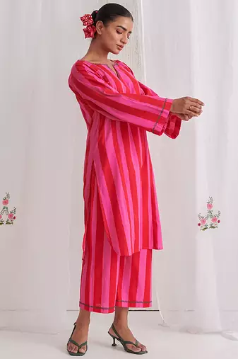 Pink cotton plain kurta set