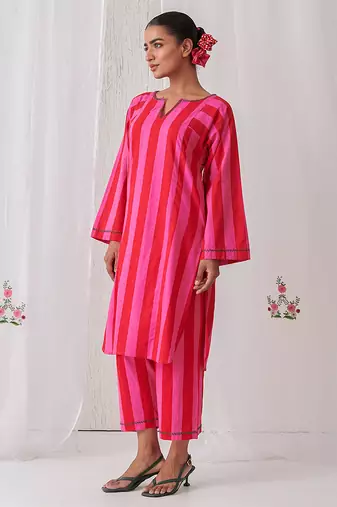 Pink cotton plain kurta set