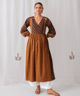 Brown cotton floral printed kurta set 1