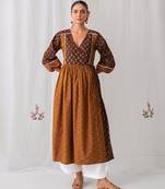 Brown cotton floral printed kurta set
