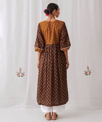 Brown cotton floral printed kurta set 2