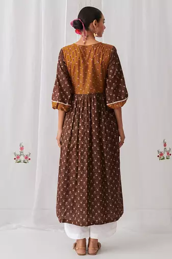 Brown cotton floral printed kurta set