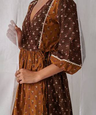 Brown cotton floral printed kurta set 3