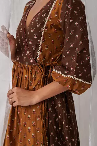 Brown cotton floral printed kurta set