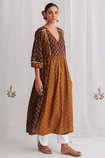 Brown cotton floral printed kurta set