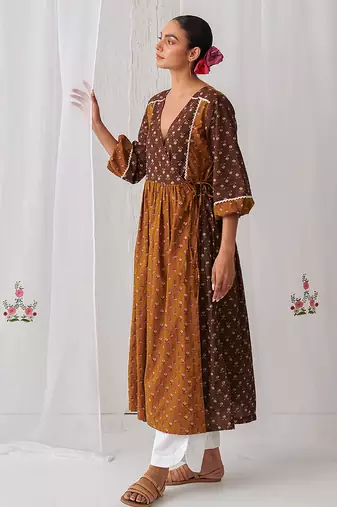 Brown cotton floral printed kurta set