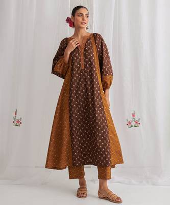 Brown cotton floral printed kurta set 1