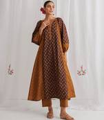 Brown cotton floral printed kurta set